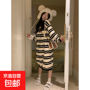 休閑慵懶風(fēng)條紋針織連衣裙女秋季寬松新款復(fù)古中長(zhǎng)裙子長(zhǎng)袖毛衣裙 黑杏條紋 均碼