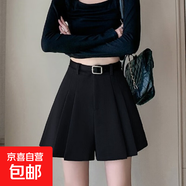 灰色西裝短褲女春夏季2025新款高腰外穿顯瘦百褶a字裙褲休閑短褲 黑色有腰帶 XL