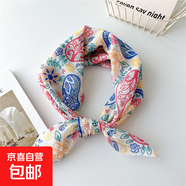 夏季58棉麻絲巾女百搭春秋小方巾護頸頭巾裝飾領巾時尚洋氣圍巾 9棉-紅藍腰花 58cm