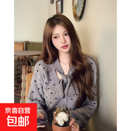 針織開衫千金灰色波點蝴蝶結(jié)系帶毛衣韓系寬松外套女顯瘦上衣 H81 灰色 M