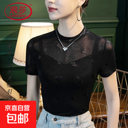 浪莎2025夏季新款立領(lǐng)蕾絲T恤女修身短袖性感鏤空桃心刺繡女裝上 黑色 S