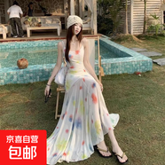 度假風(fēng)多巴胺水彩吊帶連衣裙女夏季掐腰網(wǎng)紗拼接魚尾海邊沙灘長裙 白色 S