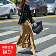 【松緊腰+拉鏈+側開(kāi)叉】高品質(zhì)半身裙法式氣質(zhì)顯瘦中長(cháng)A字裙8818 金色【裙長(cháng)90cm】 2XL （140-155）