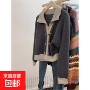 2025春秋新韓版設計感翻領(lǐng)假兩件針織開(kāi)衫女寬松上衣時(shí)尚毛衣外套 2894深灰 S  【建議80斤-95斤】