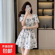 方領(lǐng)水墨畫(huà)碎花連衣裙女夏季氣質(zhì)收腰顯瘦時(shí)尚印花A字短裙J8910 白色 S （80-100斤）