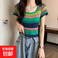 絕美彩虹條紋短袖女夏季冰絲薄款針織衫別致方領(lǐng)正肩顯瘦t恤上衣 綠色 均碼 建議85-125斤