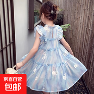 女童背心裙夏裝新款洋氣兒童碎花雪紡公主裙女孩荷葉袖連衣裙 藍色 100