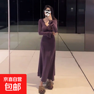 黑色蕾絲v領連衣裙女裝秋冬加絨加厚裙子內搭打底裙收腰a字裙長裙 紫色 L 【建議110-120斤】