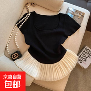 法式方領(lǐng)正肩短袖針織衫女夏季芭蕾風(fēng)蕾絲裙擺修身小飛袖T恤上衣 黑色 均碼