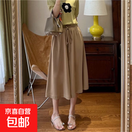 2025雪紡闊腿褲女夏款高腰寬松外穿中長款七分褲子薄款過膝裙褲潮 卡其色 L 【建議100-120斤】