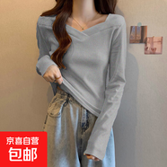 時(shí)尚方領(lǐng)長(zhǎng)袖t恤女德絨加厚加絨保暖顯瘦體恤打底衫女內(nèi)搭秋冬966 灰色 莫代爾薄款 L 參考105-115斤