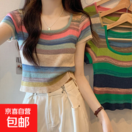 絕美彩虹條紋短袖女夏季冰絲薄款針織衫別致方領(lǐng)正肩顯瘦t恤上衣 藍色 均碼 建議85-125斤