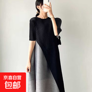 撞色拼接設(shè)計(jì)中長款褶皺裙子春夏季新品女裝連衣裙 黑灰短袖 均碼