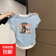 歐貨感卡通印花短袖t恤女夏季新款修身顯瘦正肩小眾設(shè)計感上衣LHX 天藍色-k287 M