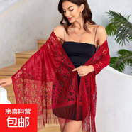 新款純色夏季蕾絲鏤空流蘇刺繡披肩女優(yōu)雅性感外搭氣質(zhì)配旗袍絲巾 酒紅色