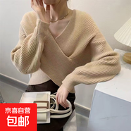 純欲風(fēng)交叉設(shè)計感毛衣女韓版寬松慵懶v領(lǐng)短款針織衫上衣秋冬新款 2692卡其 L  【建議111斤-120斤】