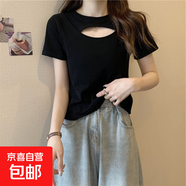 鏤空短袖T恤女夏季韓版新款小心機修身顯瘦糖果色學(xué)生上衣女潮ins 黑色 L