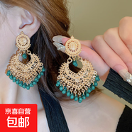 民族風(fēng)鳳凰月牙流蘇耳釘小眾復古設計感耳環(huán)夏季女輕奢高級感耳飾 4#鋼針-金色-綠色