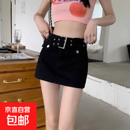 港風(fēng)復(fù)古牛仔半身裙女夏季新款高腰寬松遮胯顯瘦a字防走光短裙子 黑色 L