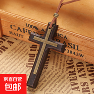新中式雙層木質十字架吊墜項鏈女男復古時尚毛衣鏈長款情侶配飾潮 棕色雙層十字架