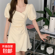 夏季新款氣質(zhì)不規(guī)則A字裙女韓版大碼收腰顯瘦赫本方領(lǐng)短袖連衣裙 杏色 S