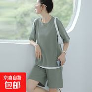 純色短袖T恤女夏季寬松顯瘦休閑運動(dòng)服上衣短褲華夫格兩件套P9669 茶綠色 均碼 (80-140斤)