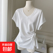 高級(jí)感綁腰收腰V領(lǐng)棉質(zhì)短袖T恤女夏季小眾設(shè)計(jì)感修身蝙蝠袖上衣潮 1093白色 M 【建議90-100斤】
