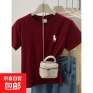 【100%純棉】正肩短袖t恤女裝新款夏季ins時(shí)尚百搭洋氣減齡上衣潮 酒紅色-左胸騎馬人物 M （建議85-105斤）