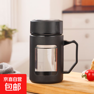 玻璃水杯商務(wù)杯大容量男女生帶蓋泡茶飲水禮品杯家用把手杯 黑色