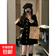 法式絲絨連衣裙女長(cháng)袖小黑裙2025秋冬新款單排扣設計收腰顯瘦氣質(zhì) 千金感小黑裙 M 【建議100-110斤】