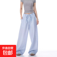 美式復古藍色格子闊腿休閑褲男女夏季新款低腰寬松褲子 藏青色 常規 S