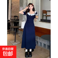 甜辣風(fēng)小飛袖蕾絲拼接連衣裙女夏季辣妹包臀短袖A字裙收腰短裙 藍色(長(cháng)款) L 【建議110-120斤】