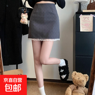蕾絲拼接波點(diǎn)半身裙女春夏新款防走光高腰顯瘦包臀裙百搭A字裙KXW 灰色有內襯百搭  L 【105-115斤】