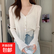 奶藍色木耳邊冰絲針織薄款防曬開衫女夏必不可少氣質(zhì)溫柔V領外套 74白色 均碼