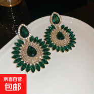 銀針滿(mǎn)鉆超閃水滴形花朵耳釘歐美夸張大氣耳環(huán)復古氣質(zhì)耳飾高級感 銀針-金色-綠色