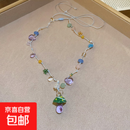 夏日波西米亞多巴胺花朵珍珠項鏈甜美可愛少女鎖骨鏈時尚百搭頸鏈 項鏈-綠色-蘑菇