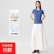 【之禾制造商】桑蠶絲免燙螺紋短袖t恤女休閑正肩透氣短袖上衣HYM 法式藍圓領 L