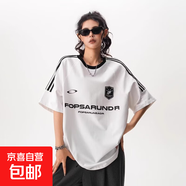 美式街頭三條杠短袖女2025夏季寬松圓領(lǐng)T恤青少年重磅運(yùn)動(dòng)體恤 白色 M 建議80-100斤