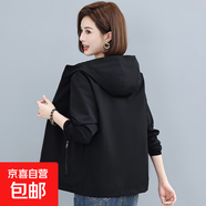 風衣外套女春秋短款2025新款早秋長袖薄款百搭連帽小香風夾克上衣 黑色 L 101-120斤