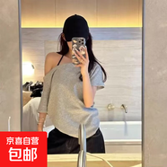 美式復(fù)古斜肩t恤衫女夏季短袖小眾設(shè)計(jì)感寬松甜辣妹一字露肩上衣 T390花灰色 XL