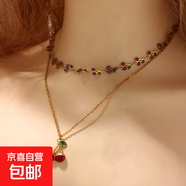 清新可愛(ài)櫻桃吊墜項鏈女輕奢時(shí)尚小眾百搭新款雙層疊戴不銹鋼項鏈 金色紅櫻桃吊墜項鏈 鏈長(cháng)：45+5cm