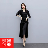 2025夏裝新款氣質(zhì)純色V領(lǐng)連衣裙女夏寬松顯瘦高端法式赫本長裙子 黑色 SBY21B03211 M 106-115斤