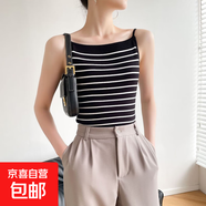 6263#夏季新款港味復古風(fēng)條紋一字領(lǐng)露背修身顯示吊帶背心上衣女 黑色 M