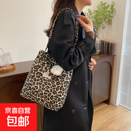 帆布包包女大容量新款秋冬休閑豹紋斜挎包百搭上課通勤托特包 卡其色有掛件