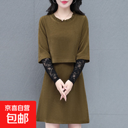 氣質減齡假兩件連衣裙女春秋新款時尚優(yōu)雅花邊領顯瘦裙子 淺軍色 XL 105-115