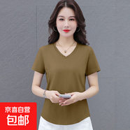 氣質(zhì)寬松V領(lǐng)短袖T恤女夏季新款韓版時(shí)尚休閑百搭通勤OL上衣 橄欖綠 2XL 125-140