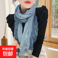 新款碎花棉麻褶皺漸變韓版圍巾禮品絲巾女秋冬款洋氣百搭圍脖披肩 點(diǎn)子腰果深藍 175CM