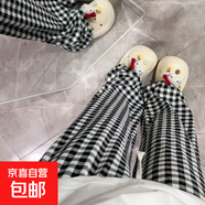 大碼黑白格子褲子女夏季薄款高腰垂感顯瘦休閑復古直筒冰絲闊腿褲 黑色格子【原版好質(zhì)量】 2XL (建議135-165斤)