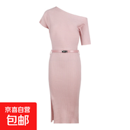 御姐風(fēng)粉色斜肩短袖連衣裙女夏季針織裙修身收腰開(kāi)叉裙子包臀長(zhǎng)裙 粉色(配腰帶) 均碼