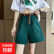純棉綠色大碼西裝短褲女夏季薄款高腰顯瘦寬松休閑運動時尚顯瘦褲 綠色【無腰帶】 M 【建議80-100斤】